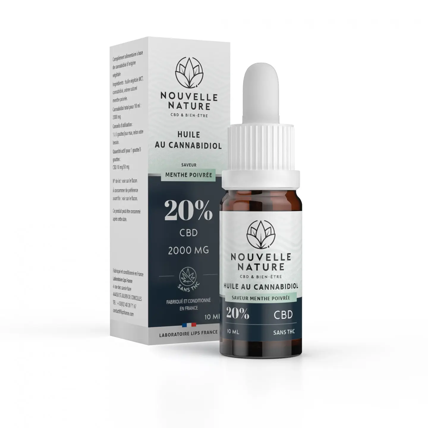 Flacon pipette d'huile au CBD Nouvelle Nature, marque blanche.
