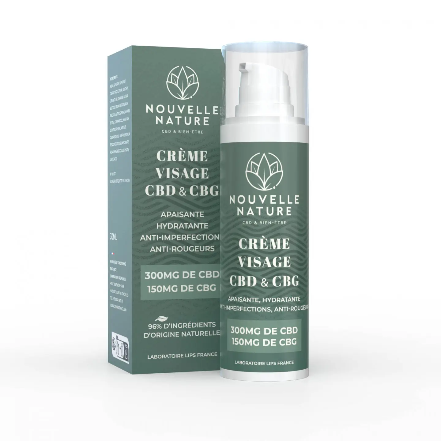 Tube de crème visage hydratante au CBD/CBG Nouvelle Nature, marque blanche.