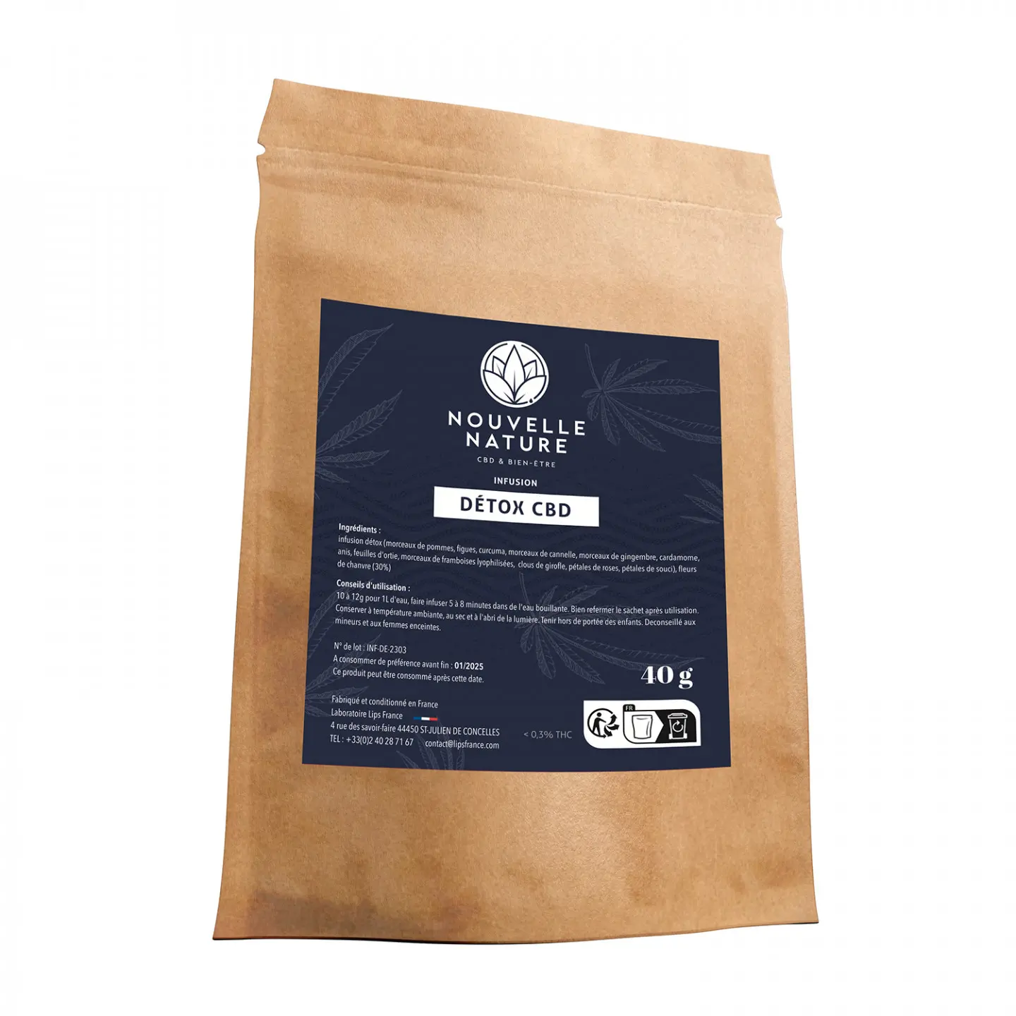 Sachet d'infusion Détox au CBD Nouvelle Nature, marque blanche.