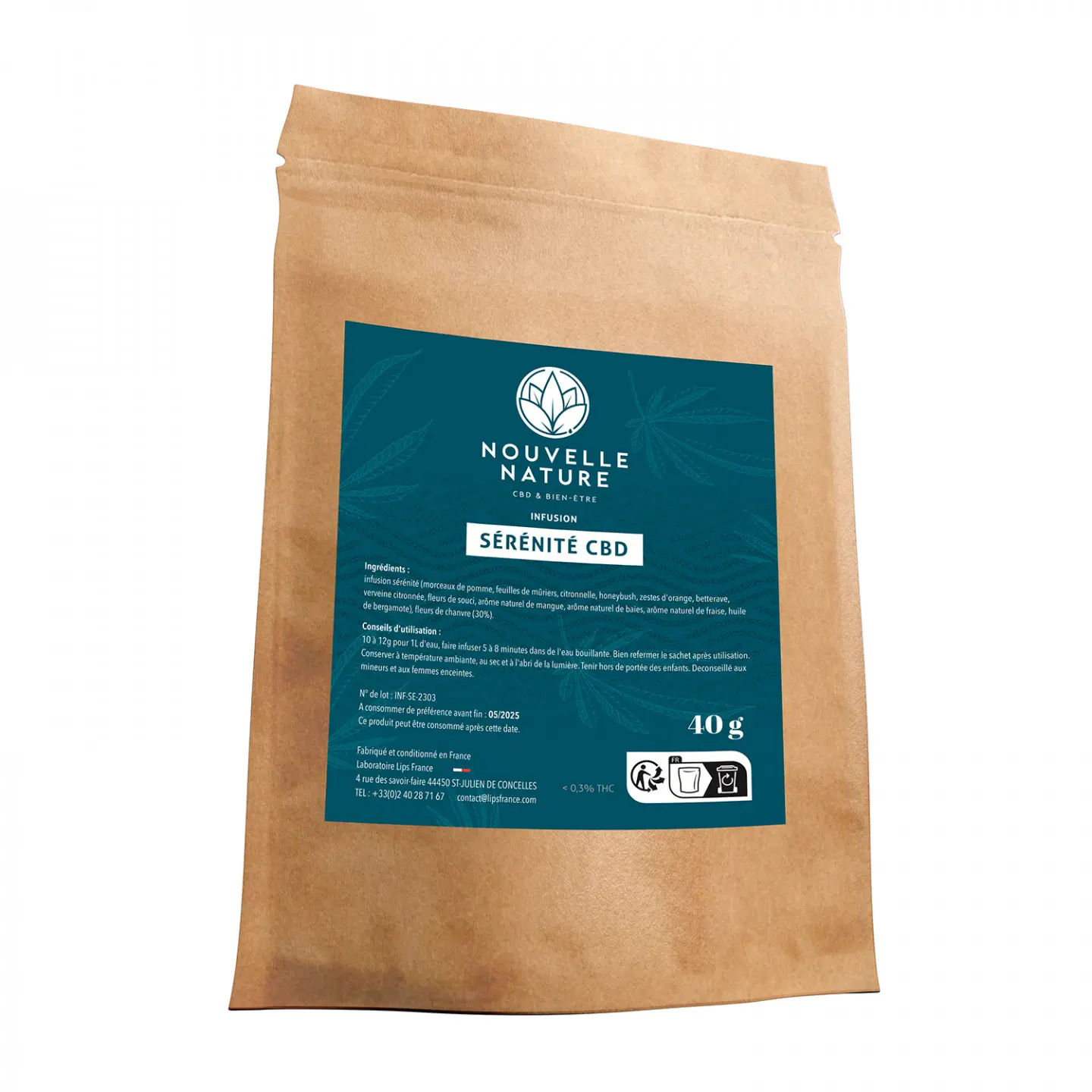 Sachet d'infusion Sérénité au CBD Nouvelle Nature, marque blanche.