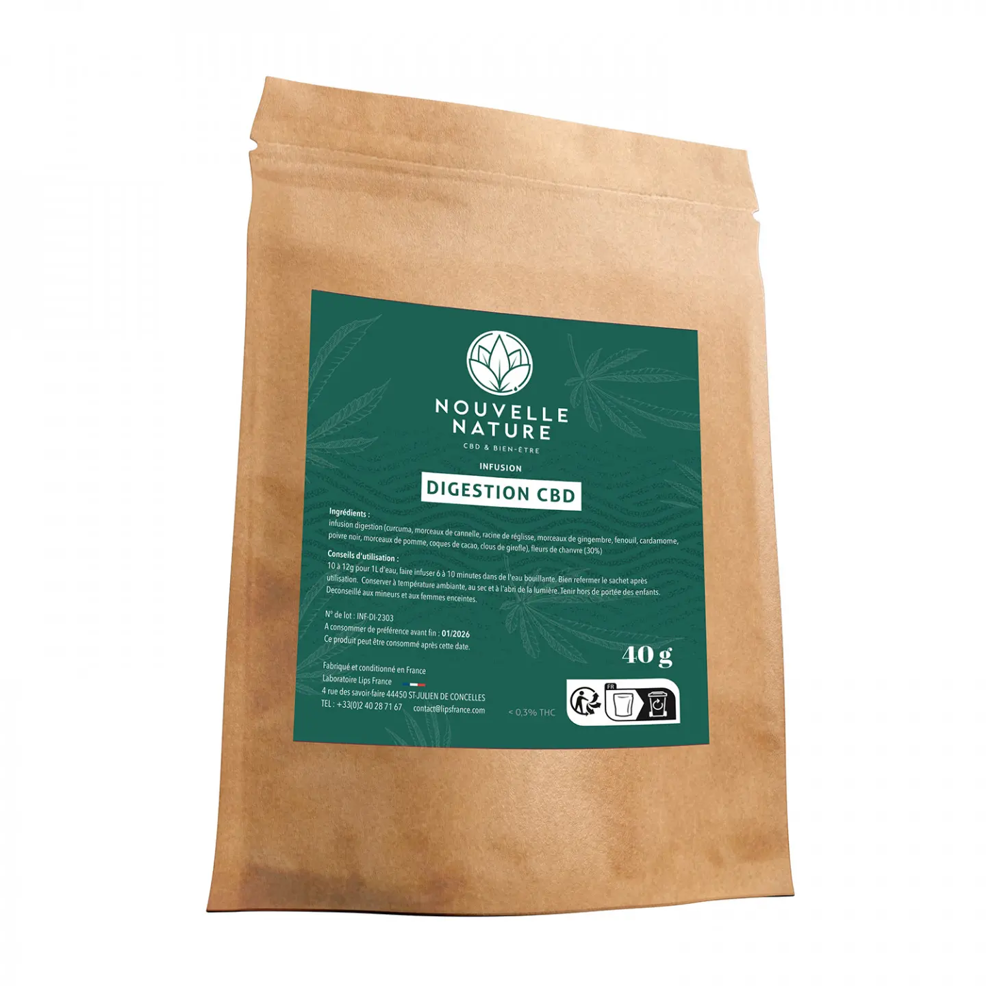 Sachet d'infusion Digestion au CBD Nouvelle Nature, marque blanche.